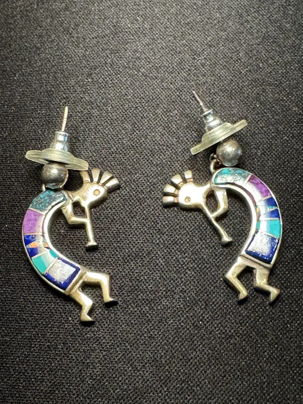 Sterling Navajo Kokopelli Earrings Signed by Artist Turquoise, Opal, Lapis